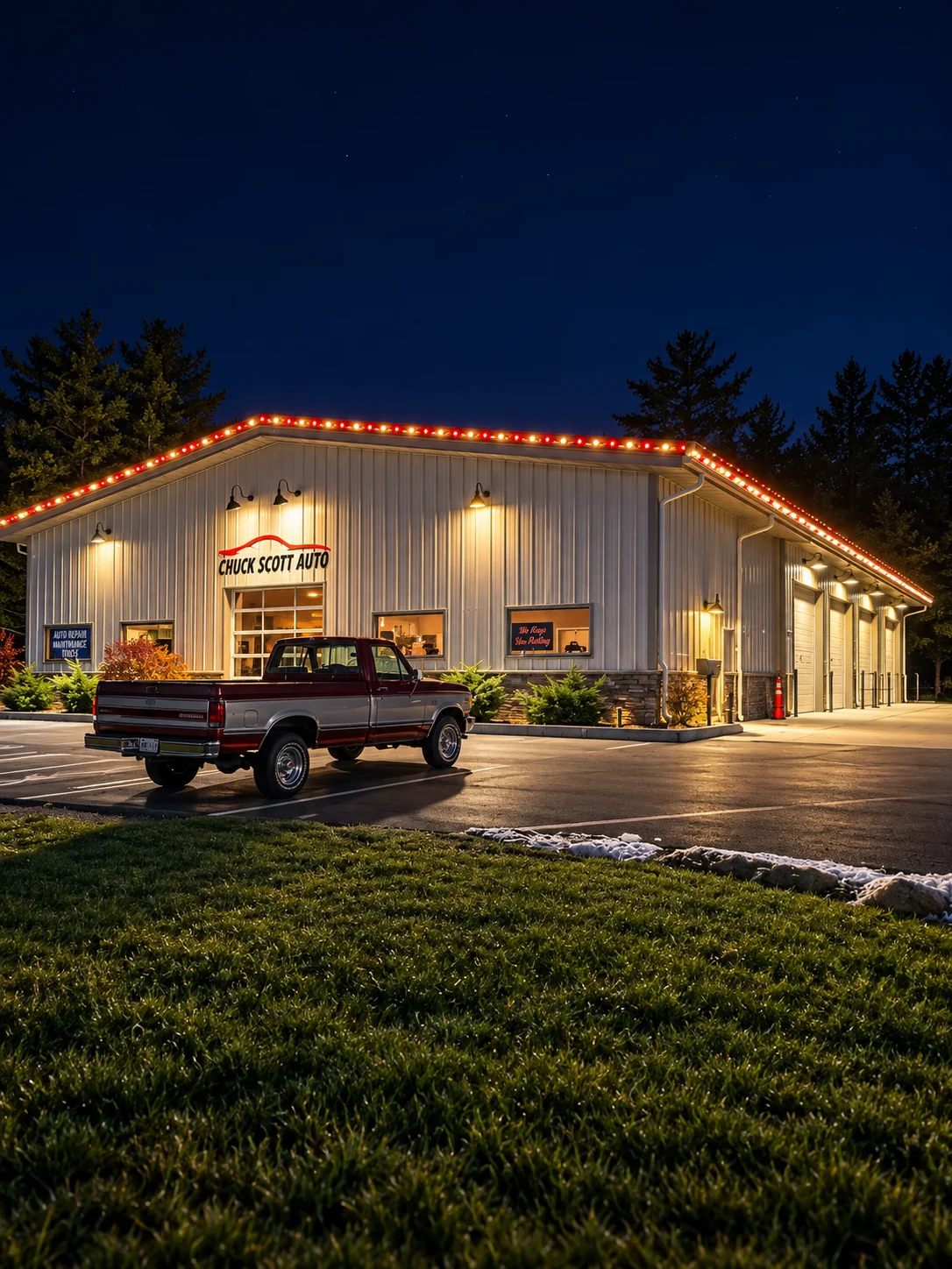 Auto repair building outlined with red and warm white holiday roofline lights