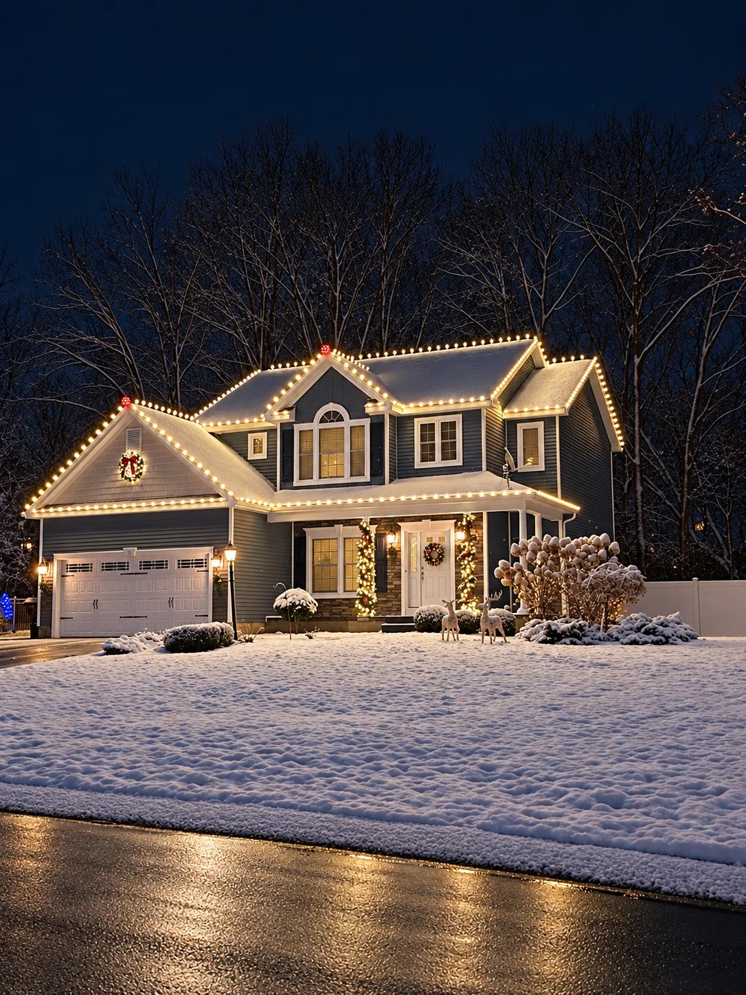Two-story home with warm white roofline lights and a decorated front entry
