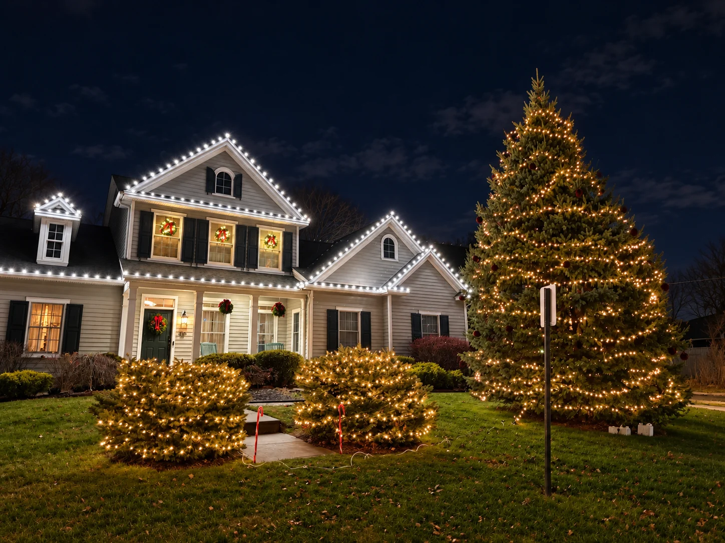 Home with white roofline lights beside a tall evergreen and shrubs wrapped in warm holiday lights