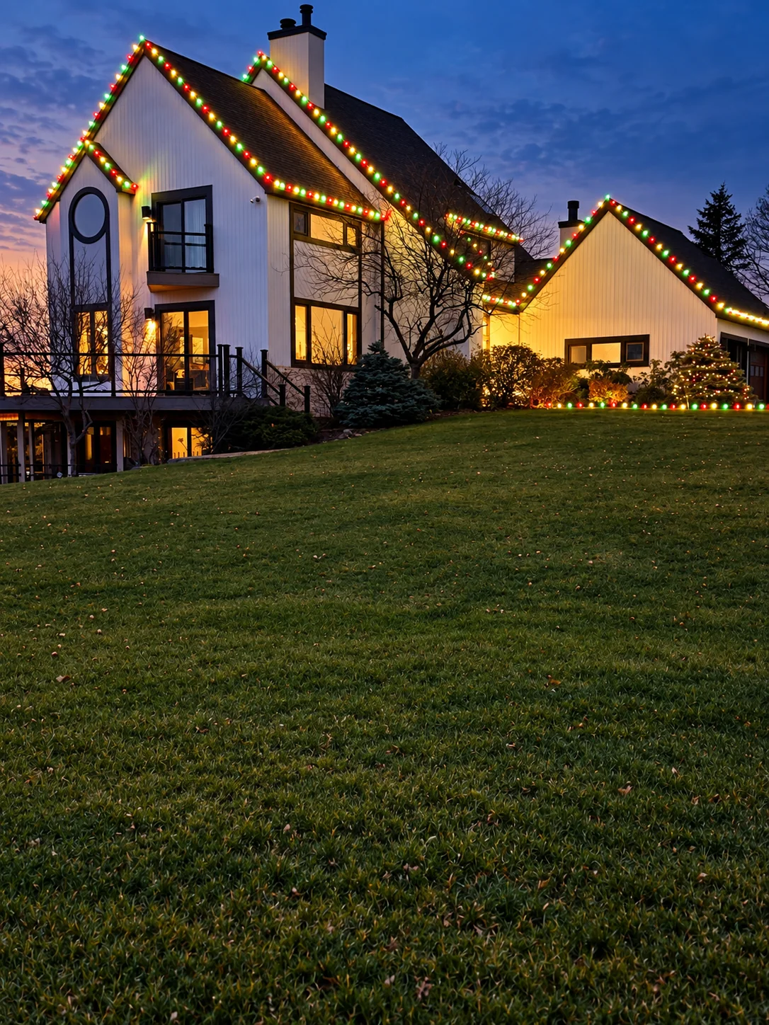 Home outlined with multicolored holiday lights along steep rooflines