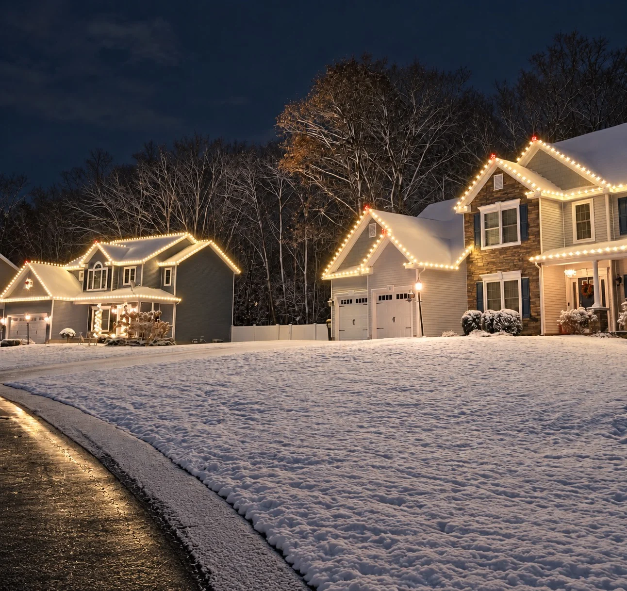 Two neighboring homes with warm white roofline lights beside a snow-covered street
