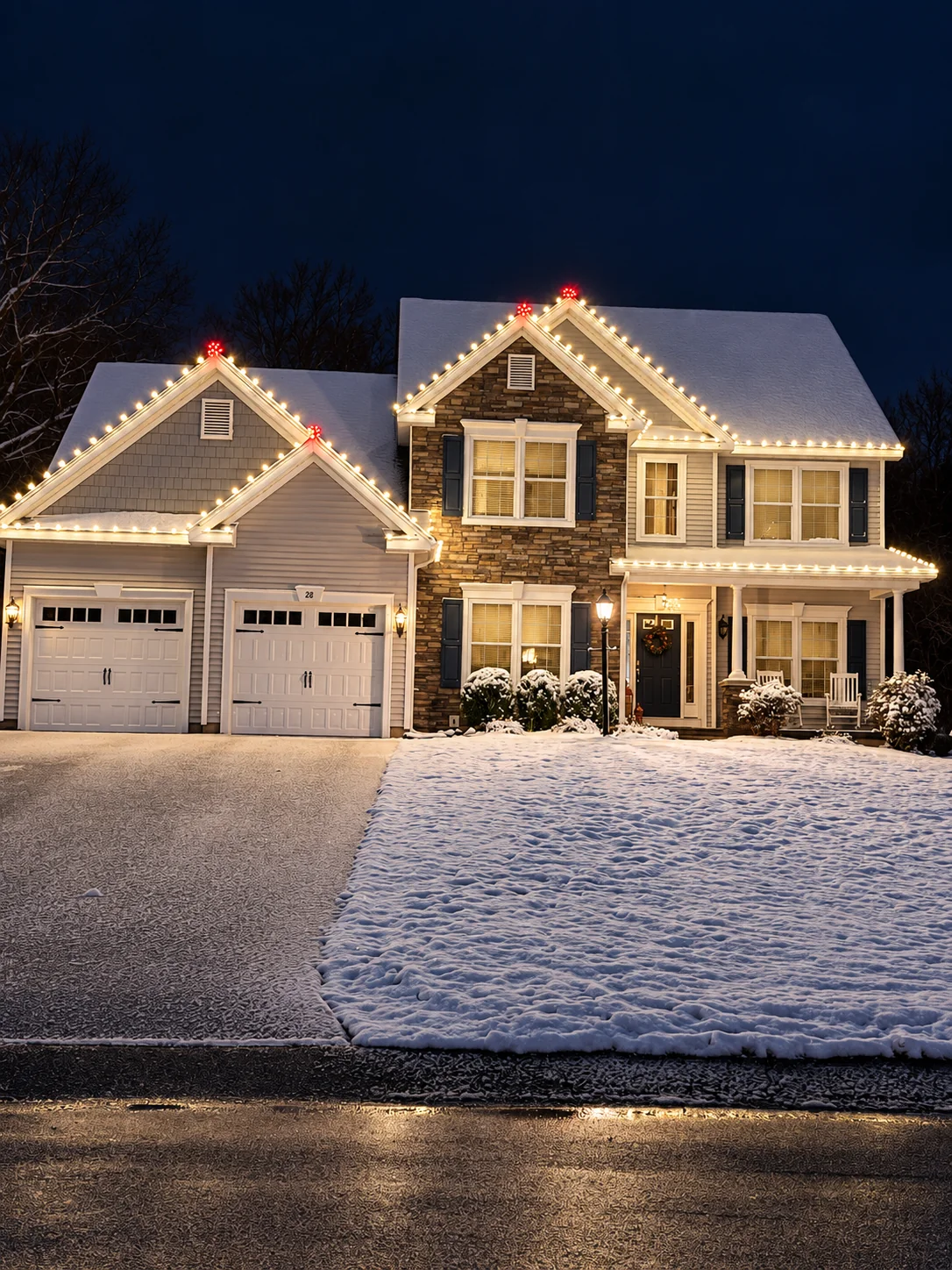 Stone-front home with warm white holiday roofline lights and a snow-covered lawn